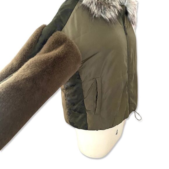 Adrienne Landau olive green faux fur nylon hooded army bomber jacket winter M - Picture 4 of 9